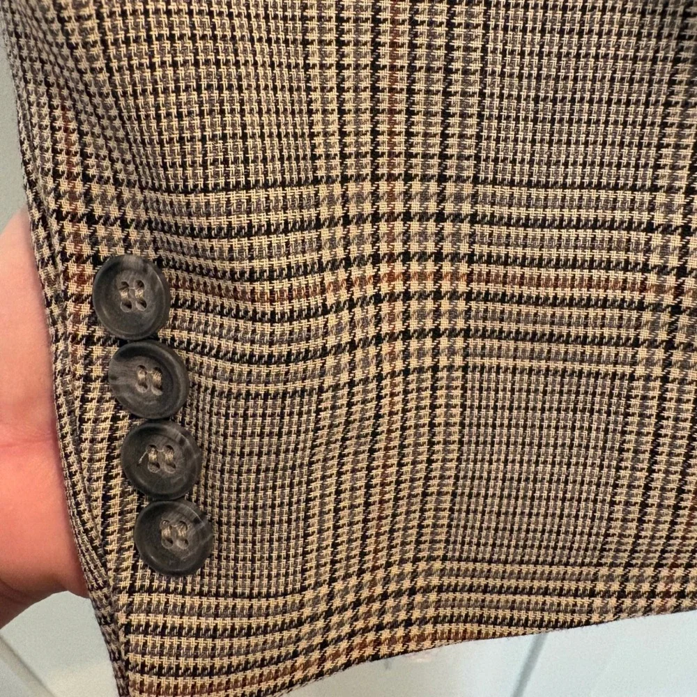 Men's Robert Stock Tan Glen Plaid Sport Coat Blazer 46L Long Wool Blend